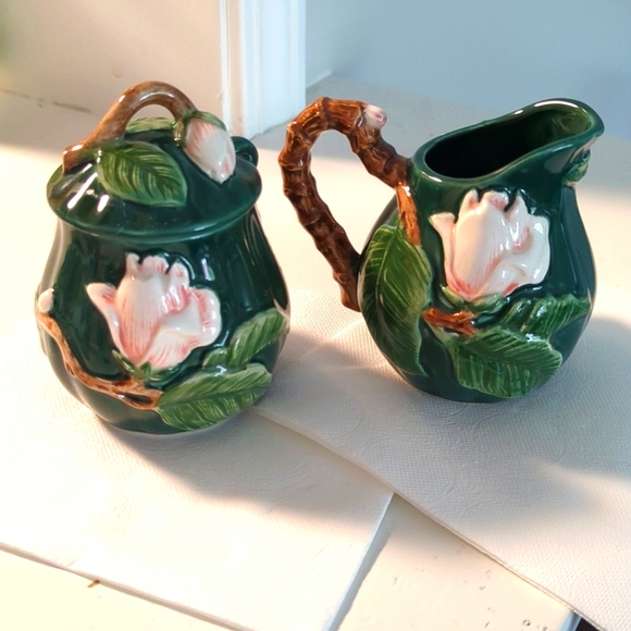 Vintage Fitz and Floyd Ceramic Pink Magnolia Embossed Sugar and Creamer - Picture 2 of 7